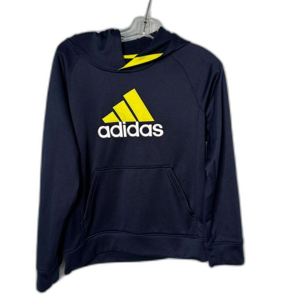 This is a navy blue Adidas pullover hoodie featuring a vibrant yellow logo